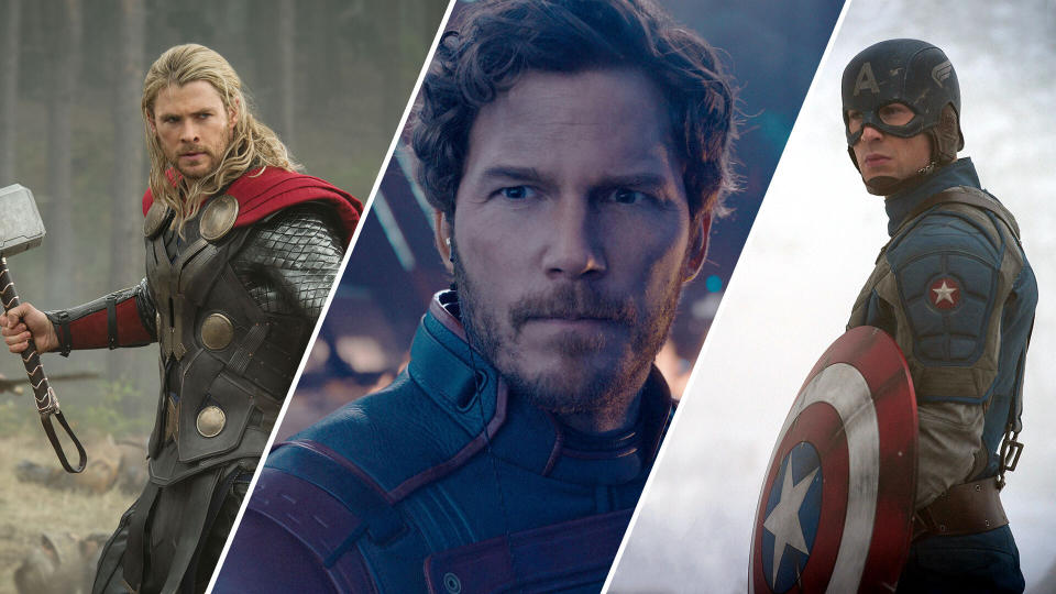 Chris Hemsworth as Thor, Chris Pratt as Star-Lord and Chris Evans as Captain America